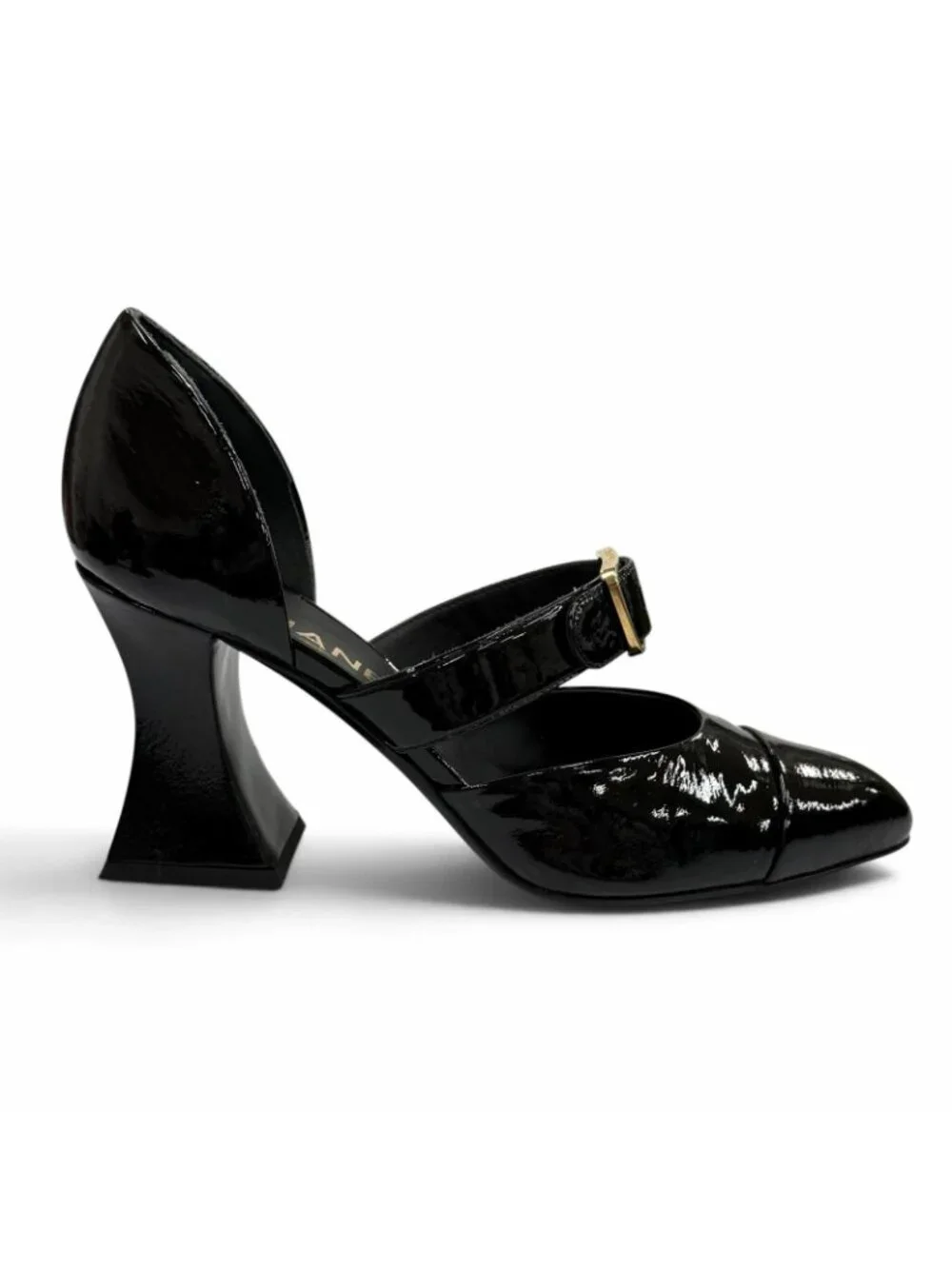 Chanel CC Logo Belt Design Pointed Toe Patent Leather Pumps Black Heel